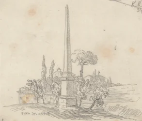 Um Obelisco com Telhados e Árvores à Distância