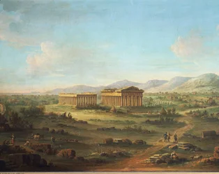 Dois grandes templos de Paestum, Basílica à esquerda e Templo de Neptuno ou Poseidon à direita, por John Robert Cozens