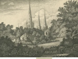 Catedral de Lichfield - North East Vista: desenho a caneta e tinta, 1835