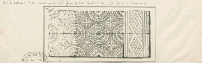 Igreja Uttoxeter - Ladrilhos coloridos encontrados sob o piso do corredor norte: desenho a caneta e lavagem, nd [ Meados do século XIX]