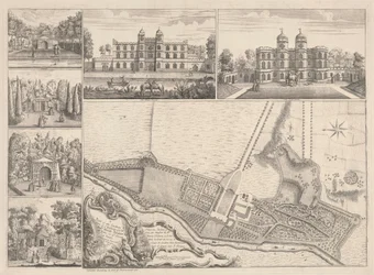 Um Plano dos Jardins e Vista dos Edifícios Ye do Honorável Henry Pelham, Esqr. em Echa, no condado de Ye, em Surrey