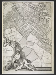Plano de Londres, Parte dos campos de bloqueio,  Um plano das cidades de Londres e Westminster, e bairro de Southwark; : com os edifícios contíguos; De uma pesquisa real, / tirada por JOHN ROCQUE, Land-Surveyor, e gravada por John Pine,  John Rocque