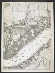 Plan of London, Ratcliff highway, Upper Shadwell road, A plan of the cities of London and Westminster, and borough of Southwark; : com os edifícios contíguos; De um levantamento real, / tomado por JOHN ROCQUE, Land-Surveyor, e Engraved by John Pine, J