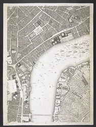 Plan of London, The Strand, Westminster bridge, A plan of the cities of London and Westminster, and borough of Southwark; : com os edifícios contíguos; De um levantamento real, / tomado por JOHN ROCQUE, Land-Surveyor, e Engraved por John Pine, John Rocq