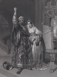 Marino Faliero, Doge de Veneza, ameaçando vingança pela difamação de sua esposa, Aluycia Gradenigo (gravura)