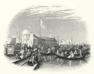 O casamento do mar. A barcaça dos Doges e gôndolas sobre a água em Veneza (gravura)