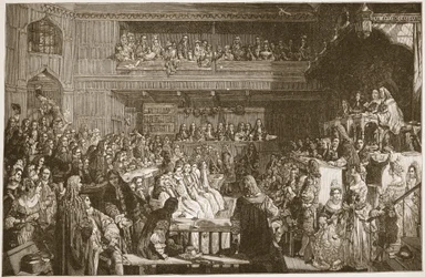 A absolvição dos Sete Bispos, 1688, ilustração de "A Igreja da Inglaterra: Uma História para o Povo" por HDM Spence-Jones, pub. c.1910 (foto sépia)