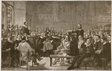 A Assembléia de Westminster de Divines, ilustração de "A Igreja da Inglaterra: Uma História para o Povo" por HDM Spence-Jones, pub. c.1910 (foto sépia)