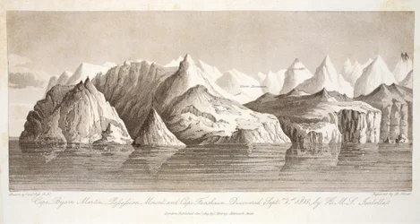 Cape Byam Martin, Monte Pofsefsion e Cabo Fanshawe, descoberto em 1º de setembro de 1818 pelo HMS Isabella, ilustração de &39;A Voyage of discovery ...&39;, 1819