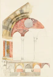 A Window of the Broletto, Como: rapid Sketch in Colour, showing Method of inlaying Marbles, August 1869? (aguarela e cor de corpo sobre grafite em papel tecido)
