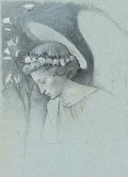 Estudo da Cabeça do Anjo Gabriel em "O Anjo Anunciador" de Filippo Lippi, 28 de Junho de 1870 (grafite, aguarela e corpinho sobre papel tecido azul)
