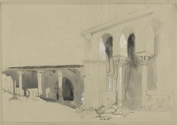 A Grande Praça de Torcello, 1850 (caneta, tinta e lavagem sobre grafite com guache sobre papel de madeira marrom)