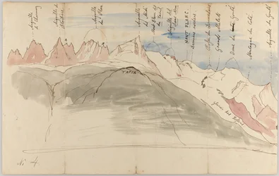 A cordilheira do Monte Branco vista de perto de Chamonix (recto); Esboços da cordilheira do Monte Branco a partir da Tapia acima de Chamonix, vista de Genebra e da Dôle (verso)