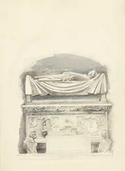 O Sarcófago e Efígie do Túmulo de Cangrande I della Scala, Verona, 21 de Maio-1 de Julho de 1869 (grafite, aguarela e corpinho sobre papel tecido)