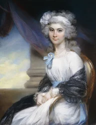 Retrato da Srta. Sophia Vansittart, em três quartos, com vestido branco, fita branca em volta do cabelo empoad​o e xaile preto drapeado sobre os ombros, sentada junto a uma coluna clássica