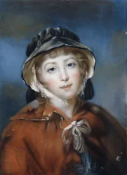 Retrato de uma menina, em busto, com uma capa vermelha atada com um laço e uma touca preta