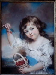 Retrato de uma menina pequena no cesto de cerejas. Pintura de John Russell (1745-1806), século XIX