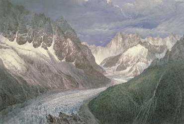 Vista do Mer de Glace com a Aiguille du Moine à esquerda e as Grandes Jorasses à distância à direita, século XIX
