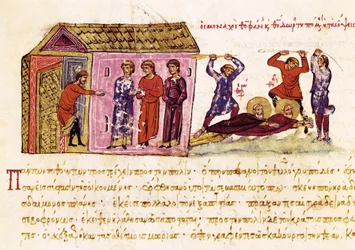 Os monges Santo Teófano o Confessor (c.759-818) e São Teodoro o Estudioso (759-826) chicoteados por ordem do Imperador Teófilo, miniatura do "Synopsis historiarum", c.1126-1150