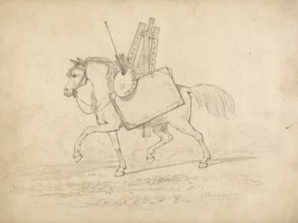 Um cavalo carregado com parafernália de artista, caminhando para a esquerda (grafite no papel)