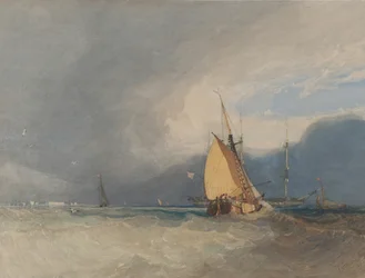 Barcos ao largo da costa, tempestade se aproximando, 1830.