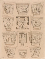 Capitais e Bas-Reliefs A & B na Igreja da Abadia de Saint Georges de Bocherville, perto de Rouen, Normandia