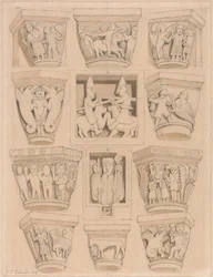 Capitais e baixos-relevos A e B na Igreja da Abadia de Saint Georges de Bocherville, perto de Rouen, Normandia