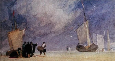 Números da Costa Descarregar um Barco na Maré Baixa (caneta e tinta castanha e aguarela sobre papel)