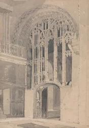 Interior da Catedral de Norwich: Porta e biombo entre o transepto sul e a nave do presbitério