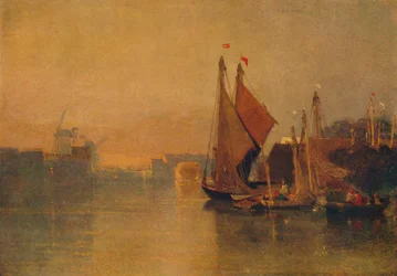 Vista da ponte de Yarmouth, Norfolk, olhando para Breydon, logo após o pôr do sol, c1823