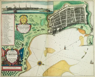 Mapa da cidade e do porto de Tripoli, na Barbária