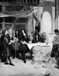 Charles II que visita Sir Christopher Wren durante a construção da catedral de St Pauls, Londres, 1909.