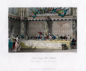 A mesa do Lord Mayors, grande banquete, Guildhall, cidade de Londres, século XIX.