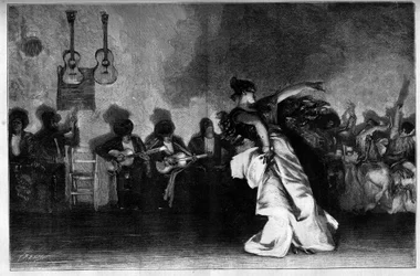 El Jaleo - Danças Ciganas. Guitarristas e dançarinos de flamenco. Gravura após a pintura de John Singer Sargent (1856-1925) em "The Illustrous World" n°1335 de 28 de outubro
