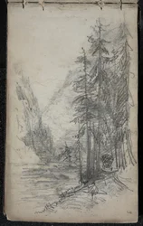 Paisagem montanhosa com árvores, 1871-72 (grafite sobre papel de cabide escurecido)