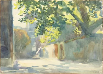 Parede iluminada pelo sol sob uma árvore, c. 1913.