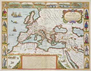Um novo mapa do Império Romano, de «Uma perspetiva das partes mais célebres do mundo», publicado por Bassett e Chiswell, 1676