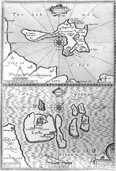 Mapas de Holy Island e Farne Island, Northumberland, de «The Theatre of the Empire of Great Britaine» de John Speed, 1676