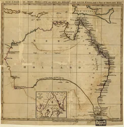 Uma nova carta da Nova Holanda na qual estão delineados New South Wale e um plano para Botany Bay. LOC 00556400
