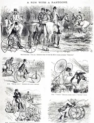 Um desenho animado representando um homem caçando em um triciclo. Ilustrado por John Tenniel (1820-1914) um ilustrador inglês, humorista gráfico e caricaturista político.