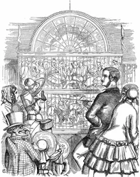 Albert, Príncipe Consorte da Rainha Vitória, exibindo o Palácio de Cristal e a Grande Exposição em Hyde Park, Londres. John Tenniel cartoon de Punch London 1851. Gravura em madeira