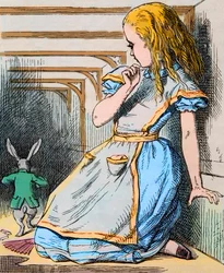 Alice e o Coelho Branco. Ilustração de John Tenniel da primeira edição de "As Aventuras de Alice no País das Maravilhas", de Lewis Carroll, 1865 - Ilustração para o conto "Alice no País das Maravilhas", de Lewis Carroll (Charles Lutwidge Dodgson)