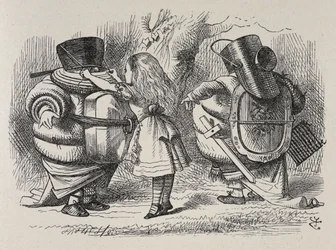 Alice a vestir o Tweedledee e o Tweedledum.