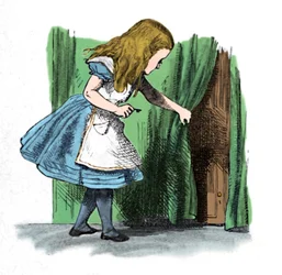 Alice olhando para uma pequena porta atrás de uma cortina, 1889