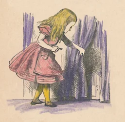 Alice olhando para uma pequena porta atrás de uma cortina, 1889
