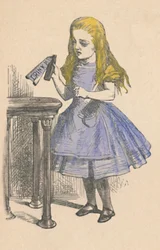 Alice olhando para a garrafa com a placa me bebe, 1889