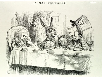 Alice leva "As aventuras de Lewis Carroll no País das Maravilhas e através do espelho", ilustração de John Tenniel (1820-1914)