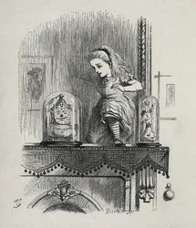 Alice atravessando o espelho - Em "As aventuras de Alice no País das Maravilhas e através do espelho" de Lewis Carroll, ilustração de John Tenniel (1820-1914)