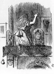 Alice atravessando o espelho - em "As aventuras de Alice no País das Maravilhas e através do espelho" de Lewis Carroll, ilustração de John Tenniel (1820-1914)