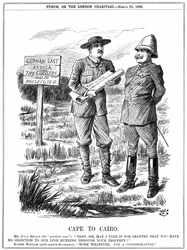 Cecil John Rhodes (1852-1902), estadista sul-africano de origem inglesa, pede ao imperador alemão permissão para dirigir uma linha telegráfica através da África Oriental alemã. Cape To Cairo, cartoon de John Tenniel de 